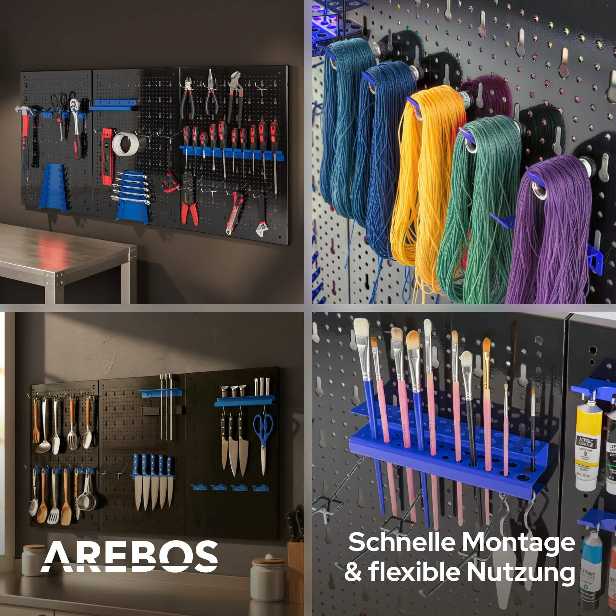 Arebos Werkzeugwand 3-teilige Lochwand Werkstatt | 17-teiliges Hakenset & Halterungen | 117,6 x 59,5 x 2 cm | Werkzeuglochwand aus Metall für Werkstatteinrichtung inkl. Montagematerial | Blau