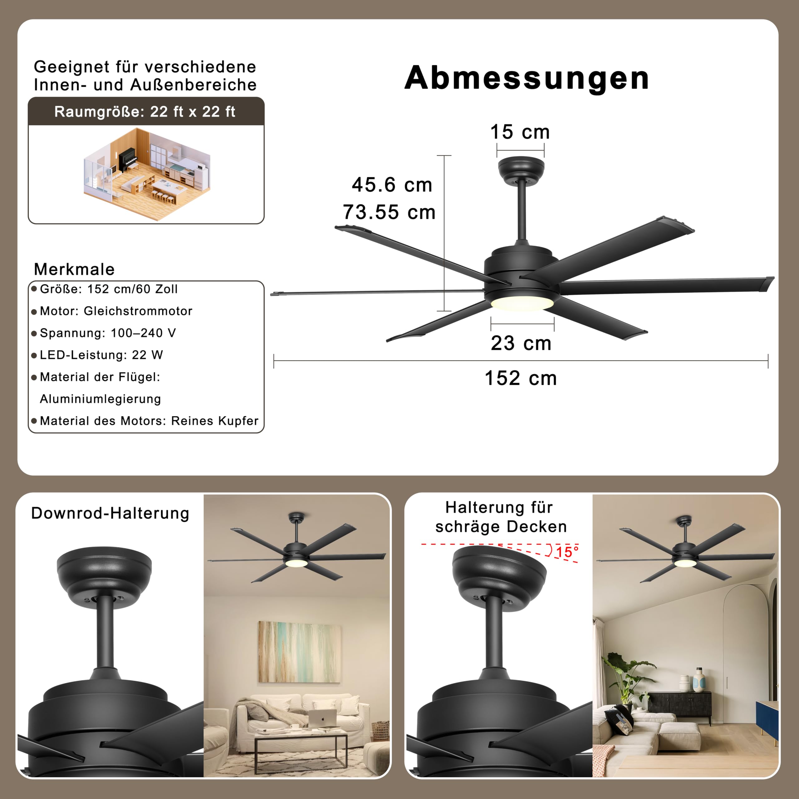 Ohniyou Deckenventilator mit Beleuchtung, Fernbedienung und App,152,4 cm (60 Zoll), dimmbar, Gleichstrommotor, großer Deckenventilator für Terrasse, Wohnzimmer