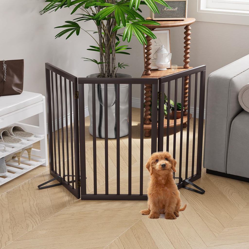 Semiocthome Absperrgitter für Hunde, 3-Panel Hundegitter, ausgestattet mit 2 Metallstützen, 82 cm hoch, faltbares Gitter für den Innenbereich, erweiterbar bis 140 cm Breite, Braun