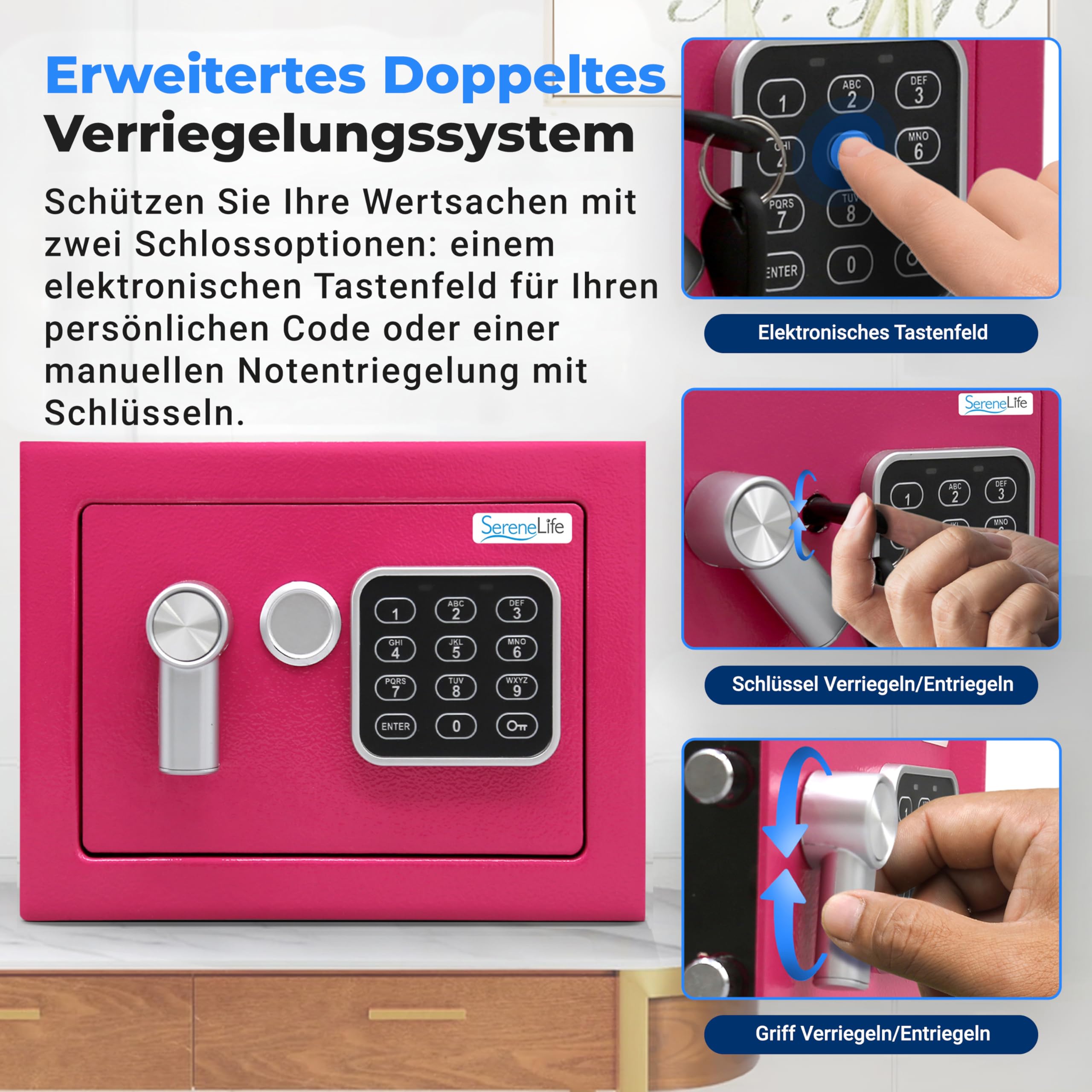 SereneLife Elektronischer Safe | robuster 23,1 x 17 cm Geldtresor | digitaler Touchpad-Schloss mit Code 2 Schlüsseln | kleiner Safe für Zuhause/Büro, sicheres Bargeld, Schmuck, Schusswaffen
