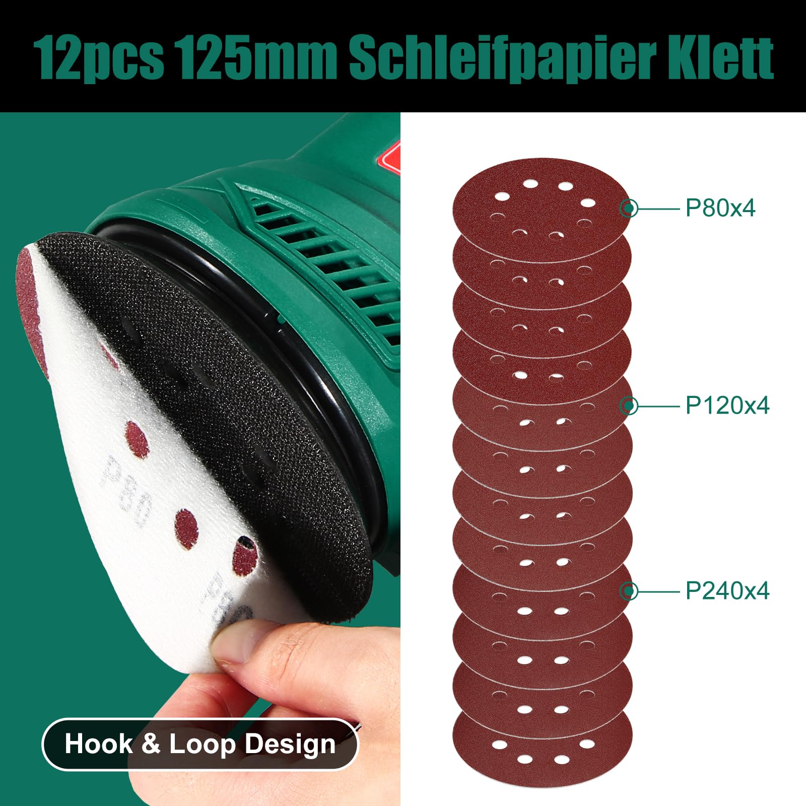 HYCHIKA Exzenterschleifer, 300W Schleifmaschine mit Absaugung für Holz, 6 Geschwindigkeiten 6000-13000 U/min, mit 12pcs Schleifpapier 125mm klett, Staubfangbehälter