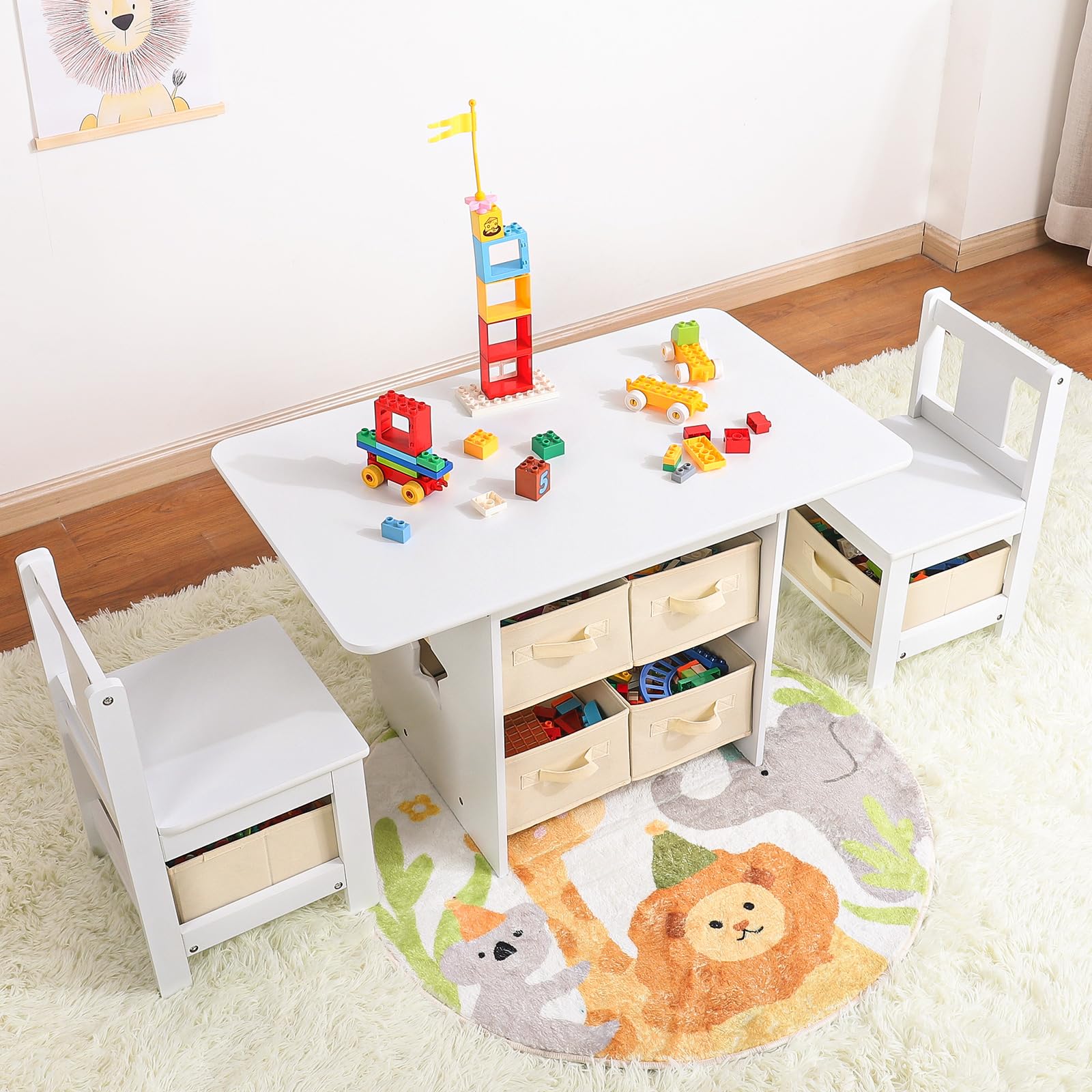 Yorbay Kindertisch mit 2 Stühle, Kinderaktivitätstisch mit Stauraum, 3tlg Kindersitzgruppe, Sitzgruppe für Kinder, Maltisch für Kinderzimmer, Spielzimmer, Vorschüler, Kindermöbel (Weiß)