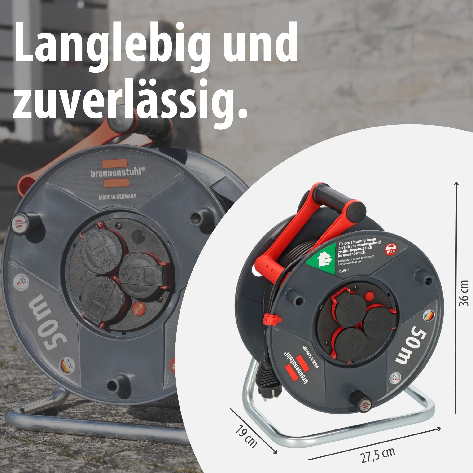 Brennenstuhl Garant V2 IP44 Kabeltrommel 50m outdoor (Made in Germany, 3 Schutzkontakt-Steckdosen, Spezialkunststoff)