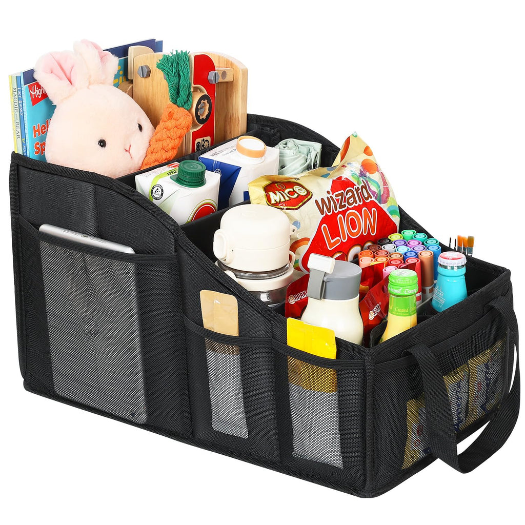 YOHOOLYO Auto Organizer Kinder Rücksitz mit 4 Fächern und 4 Getränkehalter zusammenklappbar Rückbank Beifahrersitz für Spielzeug Bücher Snacks Schwarz