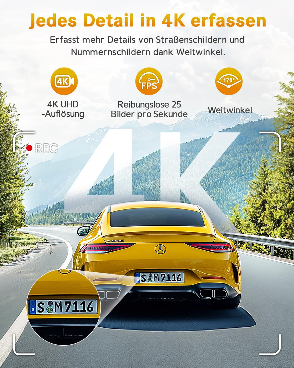 GKU 4K Dashcam Auto,dashcam Auto vorne, Auto Kamera mit integriertem WLAN,170° Weitwinkel,Nachtsicht,WDR,24H Parküberwachung,Loop-Aufnahme,G-Sensor,Dash cam Vorne inklusive 64GB SD Karte