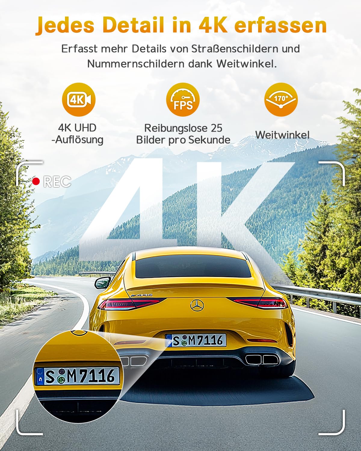 GKU 4K Dashcam Auto,dashcam Auto vorne, Auto Kamera mit integriertem WLAN,170° Weitwinkel,Nachtsicht,WDR,24H Parküberwachung,Loop-Aufnahme,G-Sensor,Dash cam Vorne inklusive 64GB SD Karte