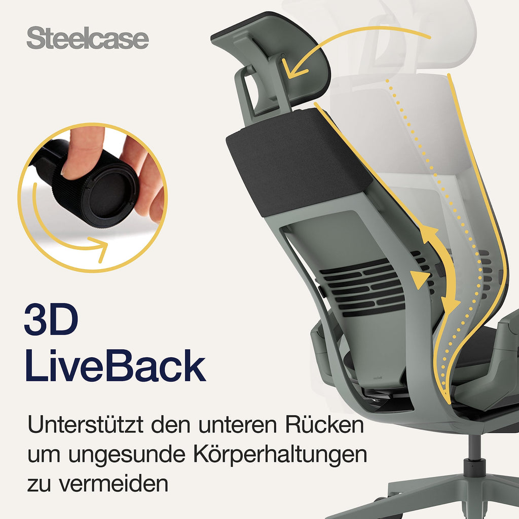 Steelcase Gesture Ergonomischer Bürostuhl mit 360° Armlehnen, 3D-Live Back Lumbalstütze, anpassbarer Kopfstütze Onyx Schwarz, 66 x 62.5 x 107