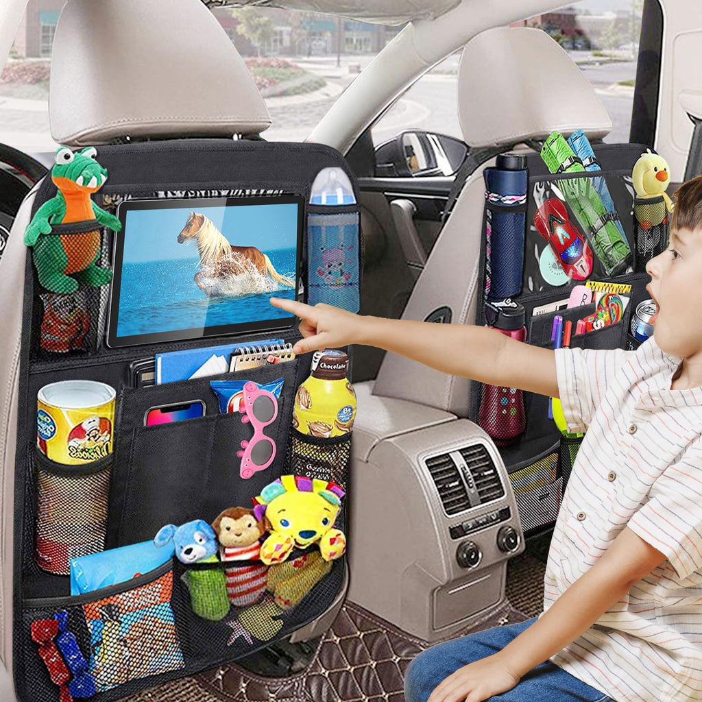 BillyBath 1 Stück Rückenlehnenschutz Auto Kinder mit 10 Zoll iPad/Tablet-Tasche, 600D Oxford Stoff Wasserdicht Autositz Rücksitz Organizer Autositzschoner Rückenlehne, Schwarz