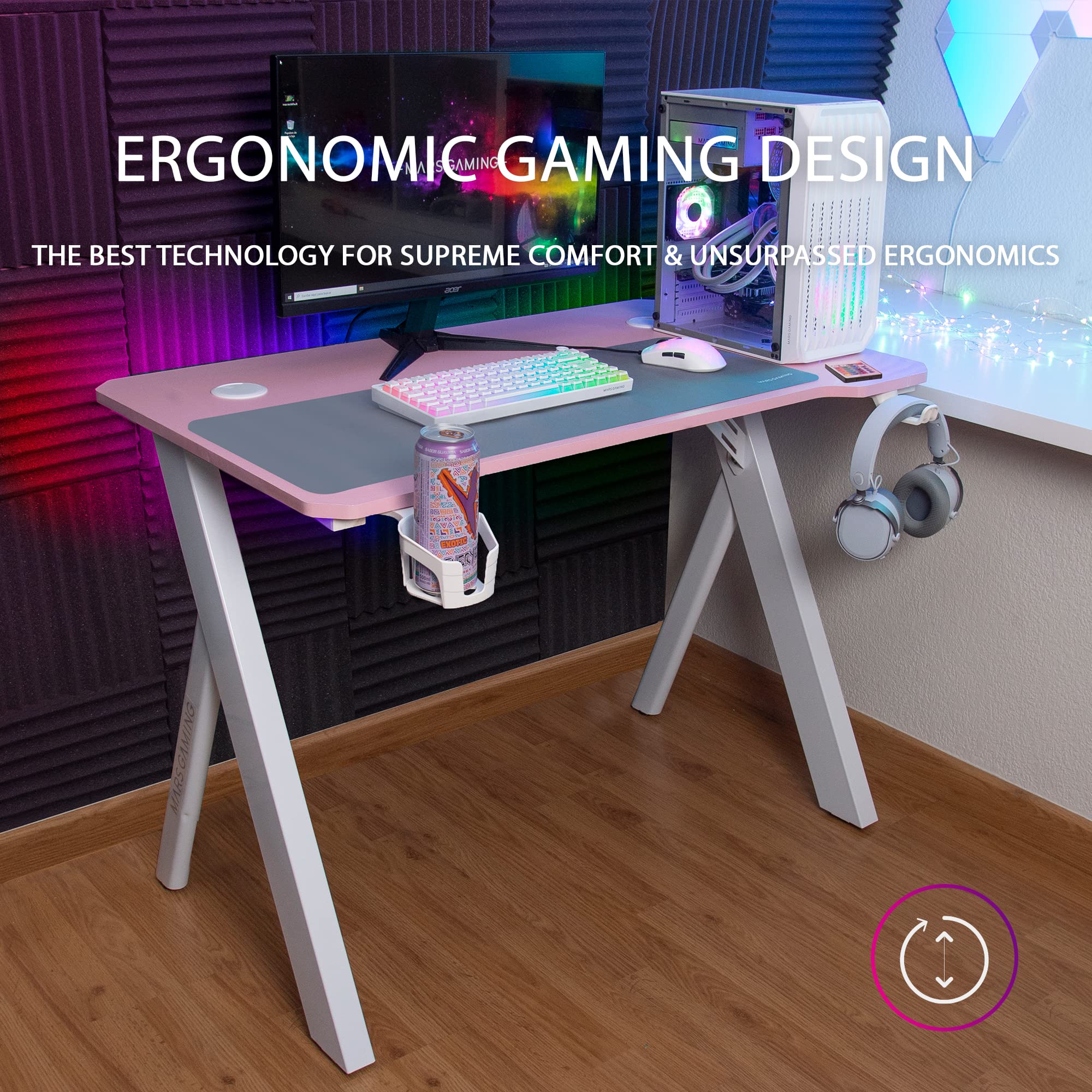 MARSGAMING Mars Gaming MGDXLRGB, Ergonomischer RGB Gaming Tisch, Headset+Flaschenständer, 160x60cm, Schwarz
