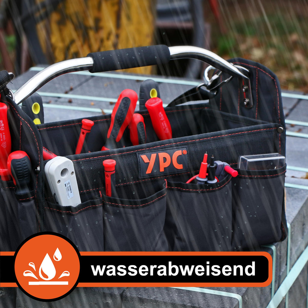 YPC Carrier Werkzeugkorb XL – Tragbare Werkzeugtasche mit stabilem Boden, Wasserfest, Reißfest, Faltbar, Schultergurt mit Polster & Metall-Handgriff, Schwarz, 40,5x30x19,5cm – 20 kg Tragkraft
