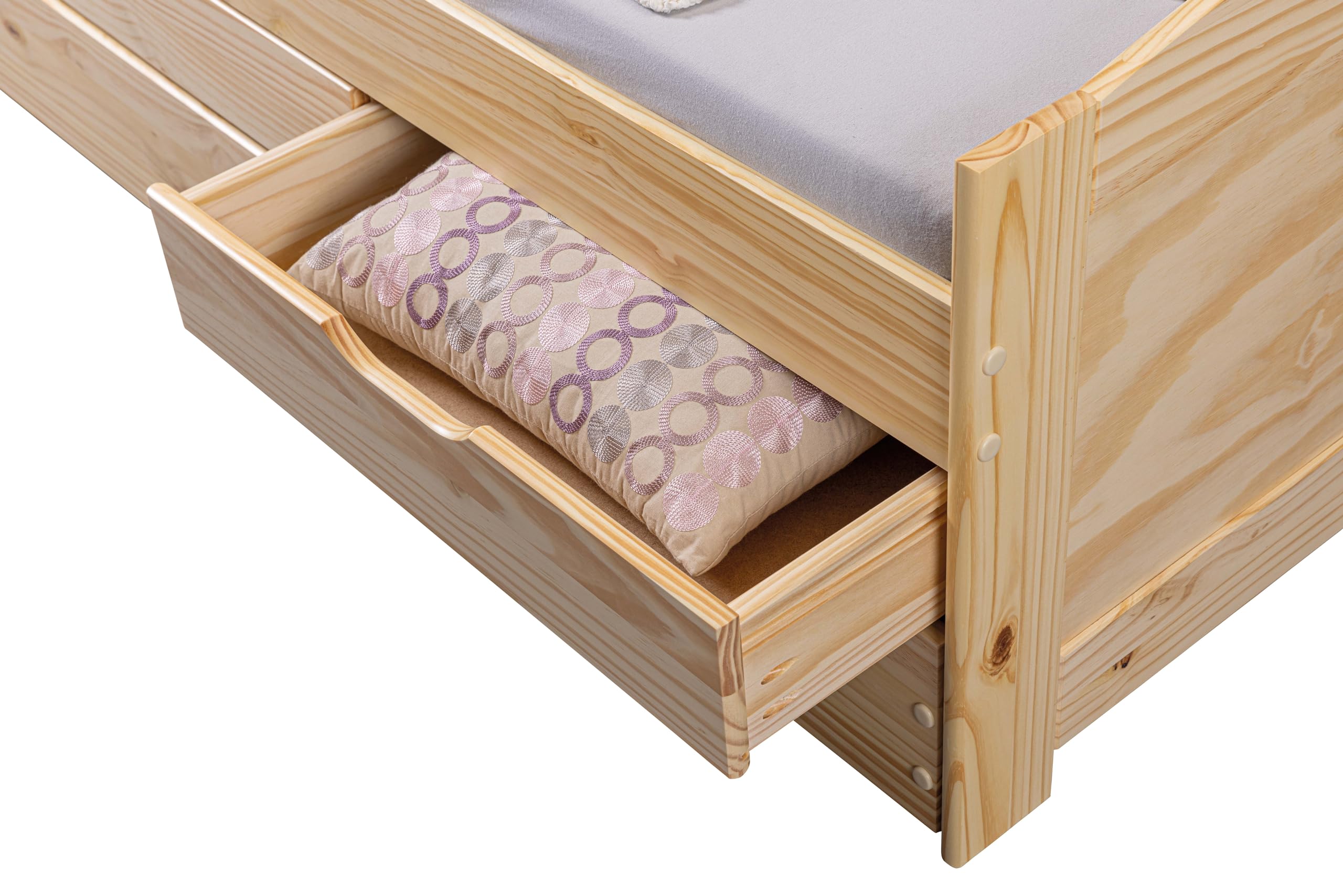 Inter Link - Funktionsbett - Kinderbett - Einzelbett mit Stauraum - Bett mit Schubladen - 2 Liegeflächen 90x200cm - Kiefer massivholz - inkl. Lattenrost - Natur lackiert - Marinella 90x200cm