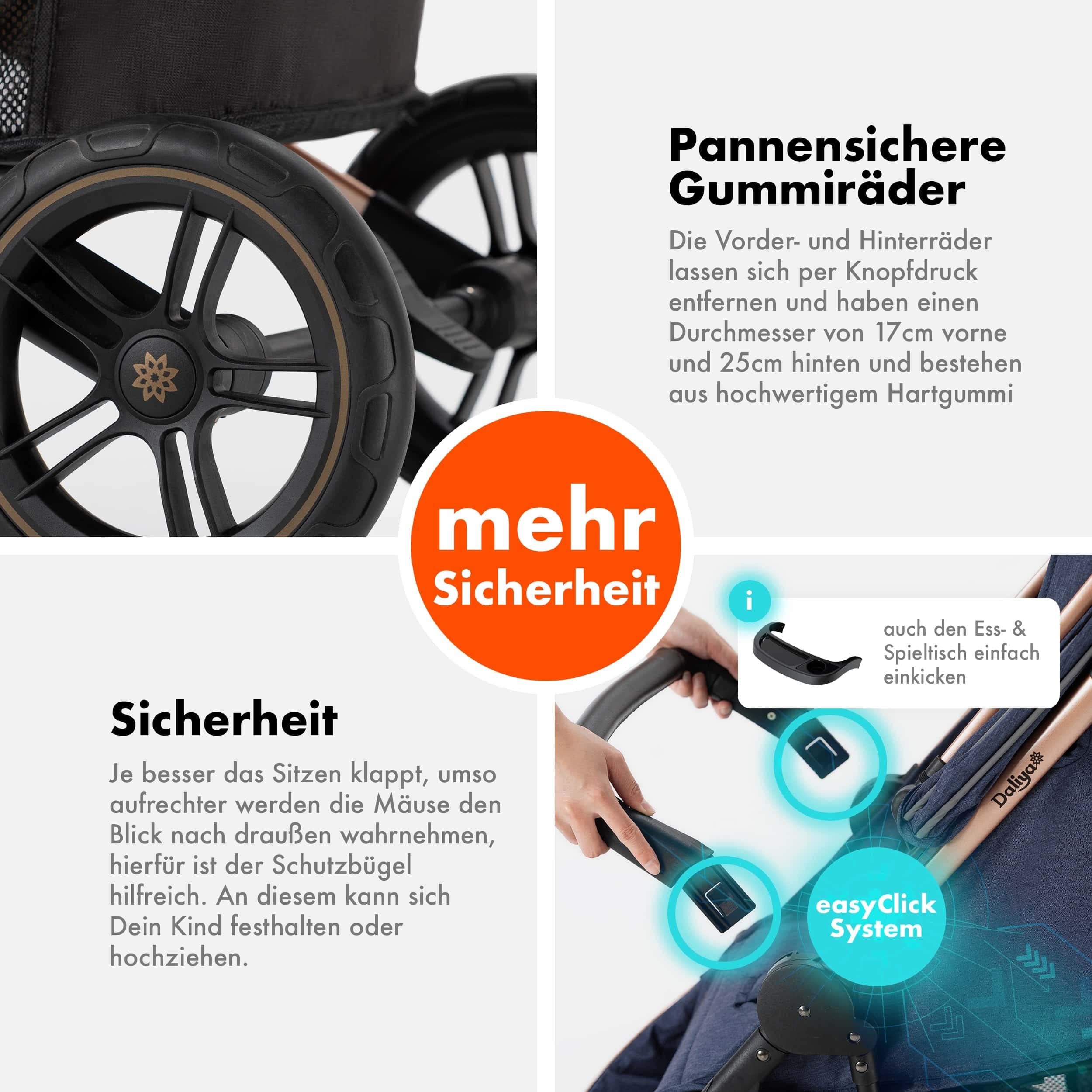 Daliya® Rapidy Buggy Kinderwagen 0-36 Monate Sportwagen mit Liegeposition Wickeltasche, Winterfußsack, Ess- & Spieltisch und mehr (Blau - Gold)