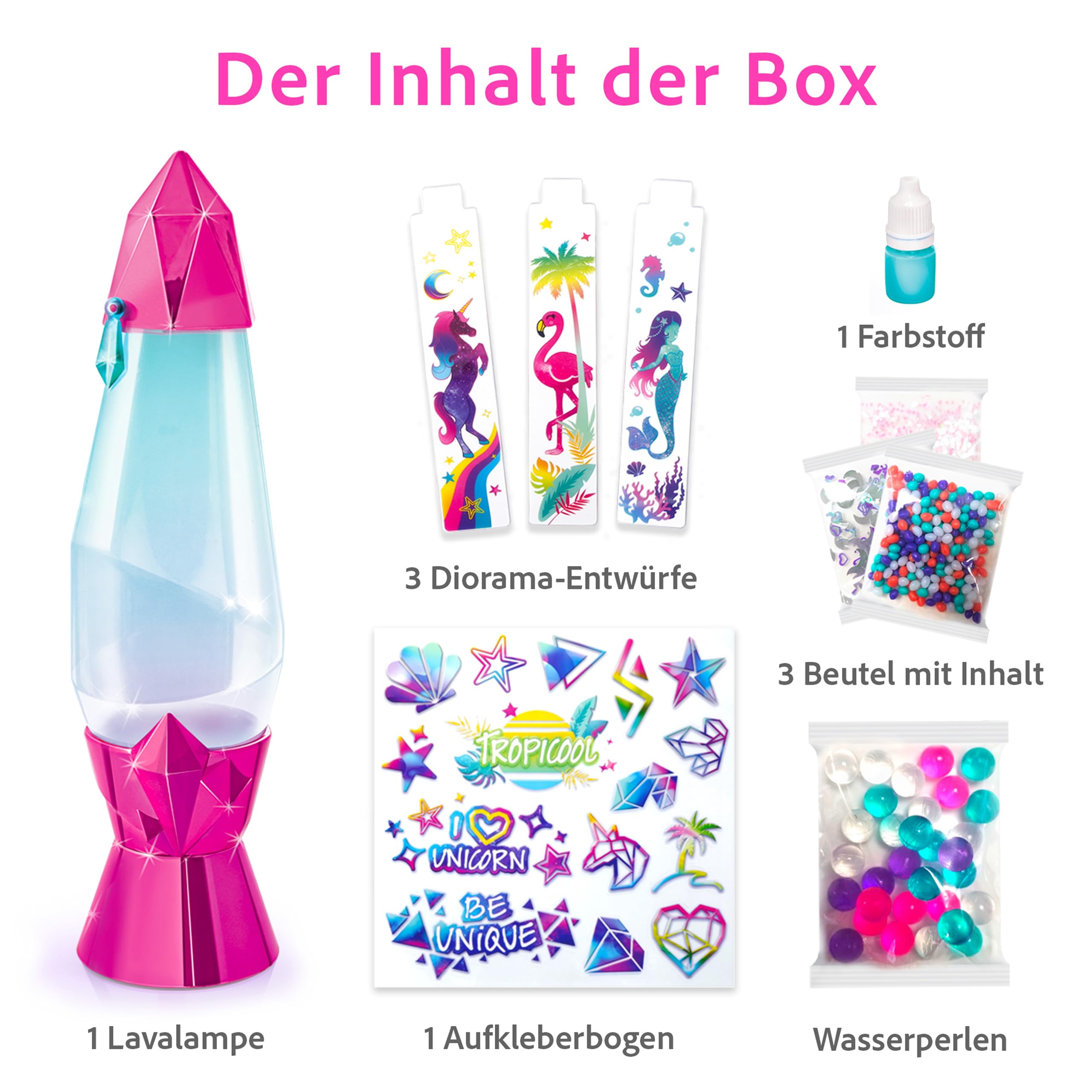 Canal Toys – Style 4 Ever – DIY Lava-Lampe zum Selbermachen – Dekoriere mit Stickern, Perlen & Farbstoff – Farbwechsel-LED & Wirbel-Effekt – Kreatives Deko-Set für Kids ab 6 Jahren – OFG 180