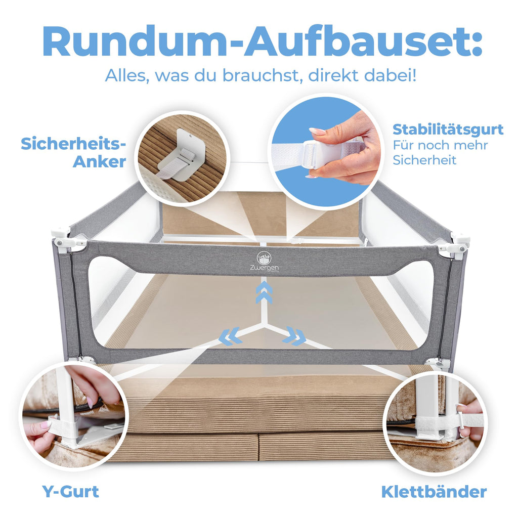 Zwergenbuddy® Rausfallschutz Boxspringbett & Elternbett (180x200cm) [8-teiliges Rausfallschutz Bett Set] Stabilitätsstange & Zwischenraumschutz – Bettgitter ist Laborgeprüft