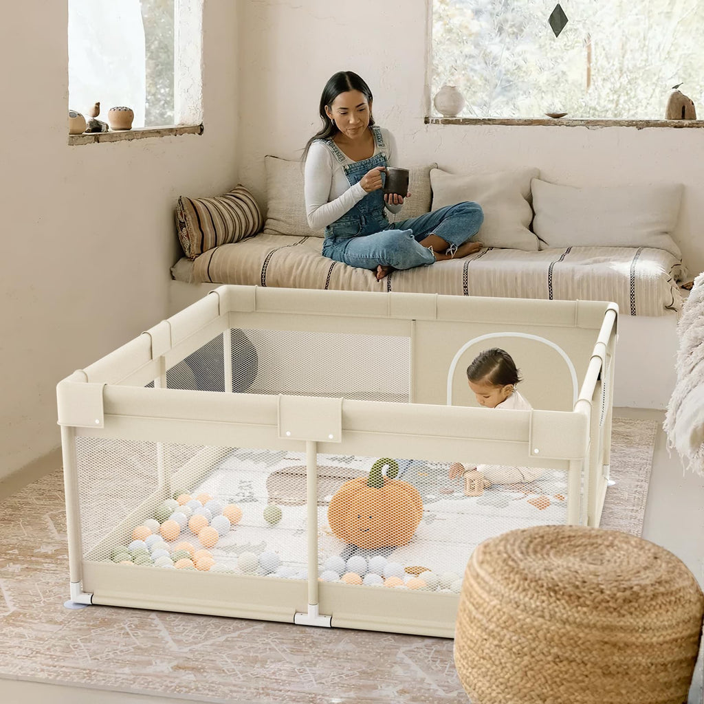 Fodoss Baby Laufgitter mit Matte, 120x120cm Laufstall Baby, mit Matratze, Atmungsaktives Netzdesign, Laufstall für die Wohnung-Beige