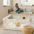 Fodoss Baby Laufgitter mit Matte, 120x120cm Laufstall Baby, mit Matratze, Atmungsaktives Netzdesign, Laufstall für die Wohnung-Beige