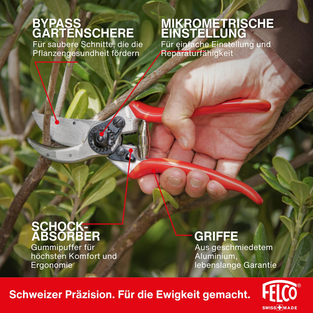 FELCO 2 professionelle Bypass-Gartenschere für Rechtshänder, 41 mm gehärtete Stahlklinge, geschmiedete Aluminiumgriffe, robustes Werkzeug für mittelgroße bis große Hände, 25 mm Schnitt, Swiss Made