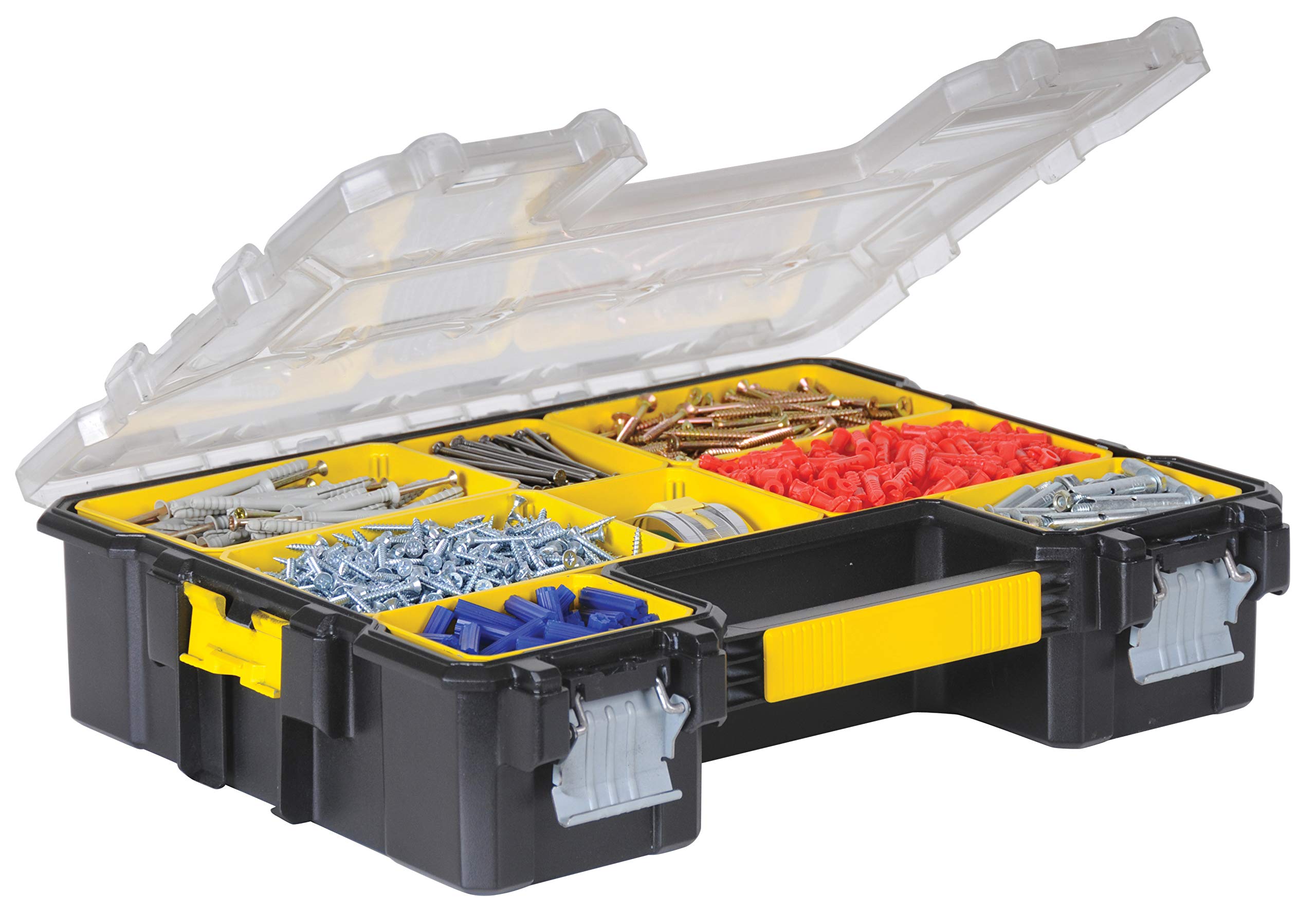 STANLEY FATMAX Profi Werkzeug-Organizer (45 x 12 x 36 cm, tiefe Fächer, mit transparentem, schlagfestem Deckel, integriertem Griff & Metallschließen, 10 herausnehmbare Boxen) 1-97-518