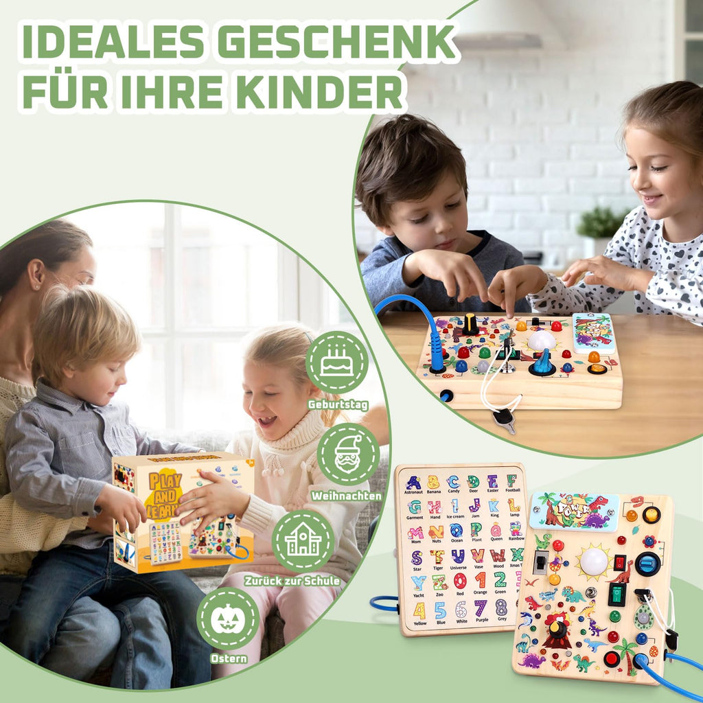 Dinosaurier Busy Board Montessori Spielzeug ab 1 jahr Activity Board Holzspielzeug Mit 10 Schaltern und 23 LED Lichtern Sensorik Spielzeug Motorikspielzeug für Babys und Kinder ab 1 2 3 4 Jahre Jungen