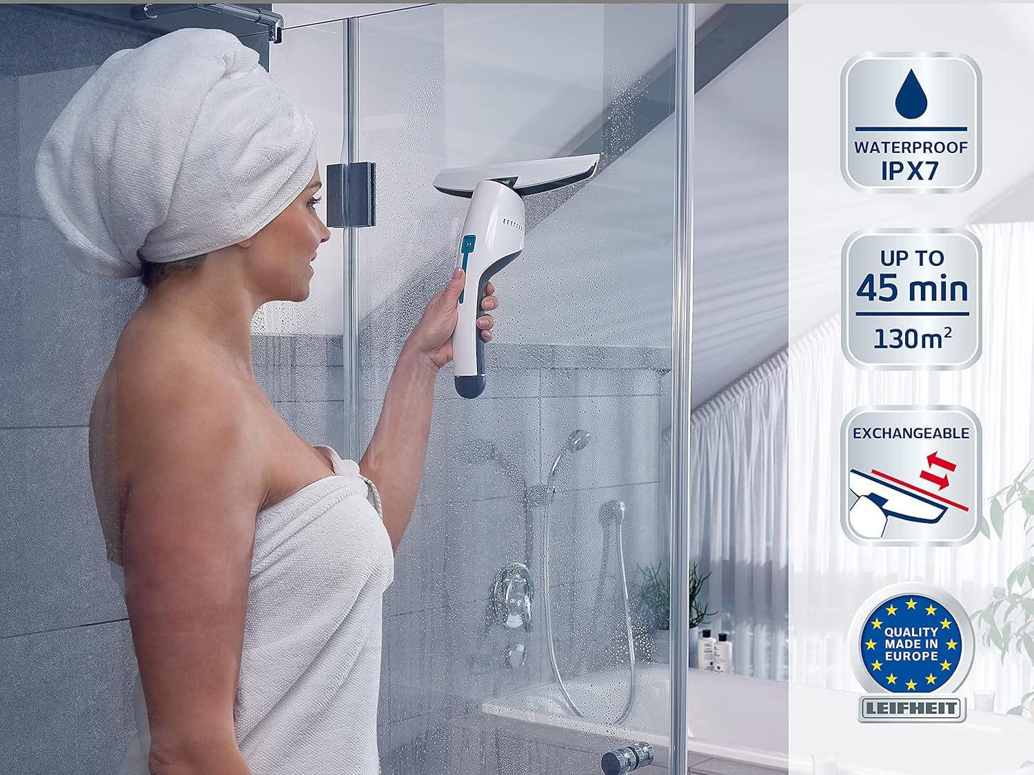Leifheit Fenstersauger Nemo inkl. Wandhalterung und Baddüse, Badsauger mit wasserdichtem Gehäuse für die Dusche, verwendbar bis zu 45 min, handlicher und Leichter Fensterreiniger