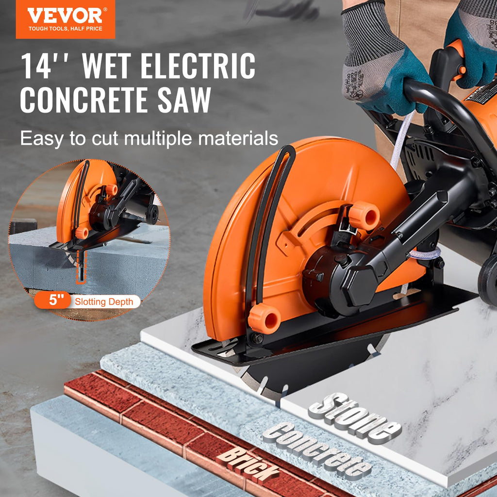 VEVOR Elektrische Betonsäge, 356 mm, Hochleistungs-Kreissäge 2800 W, Schnitttiefe 127 mm, Nass-/Trocken-Scheibensäge mit Wasserrohr, Wasserpumpe, Sägeblatt, für Stein und Ziegel