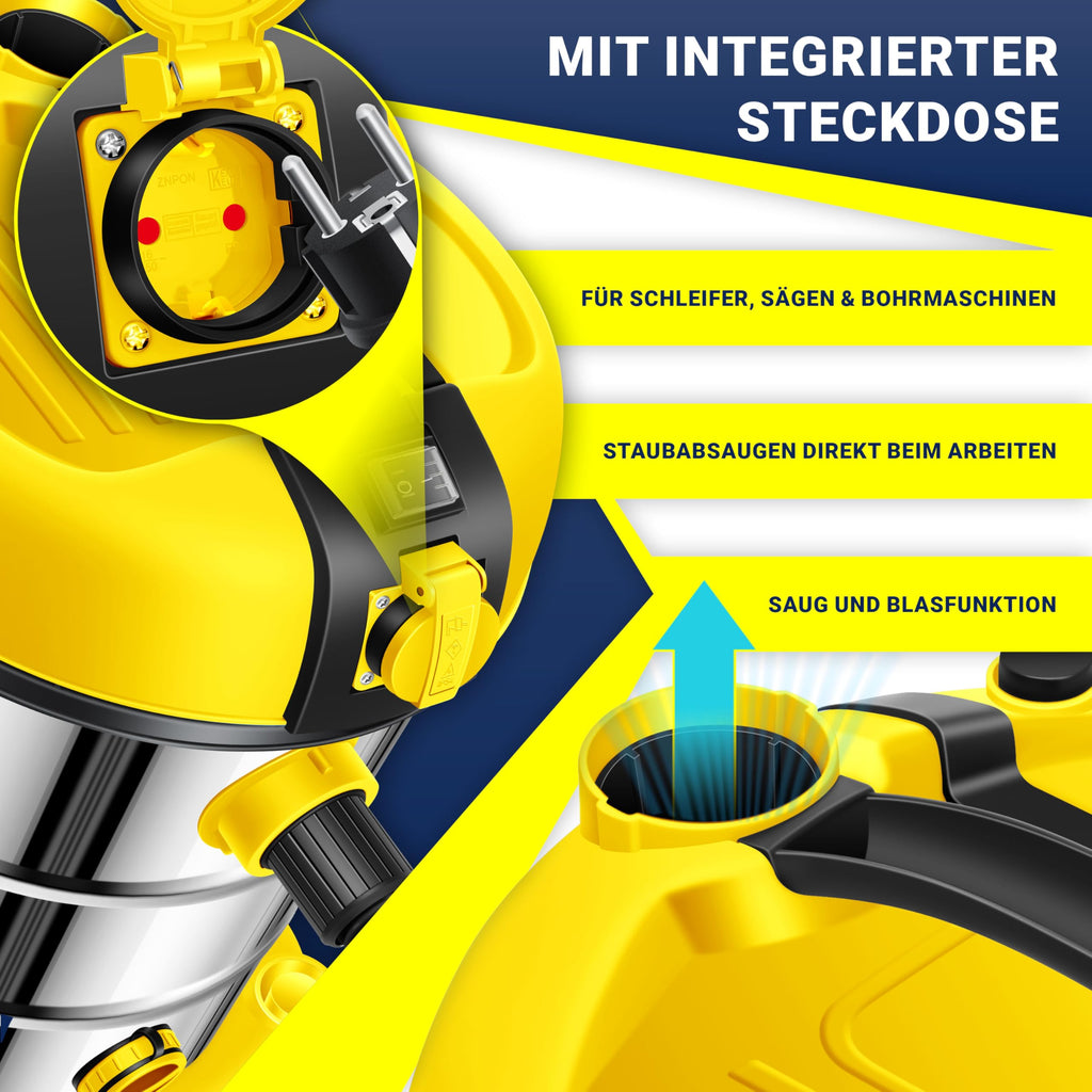 MASKO® Industriestaubsauger Staubsauger Nass Trocken Sauger Edelstahl 2300W + Steckdose, Blasfunktion, Saugschlauch & Nass-Saugen, Push&Clean, Industriesauger mit & ohne Beutel, Inkl Filter beutellos
