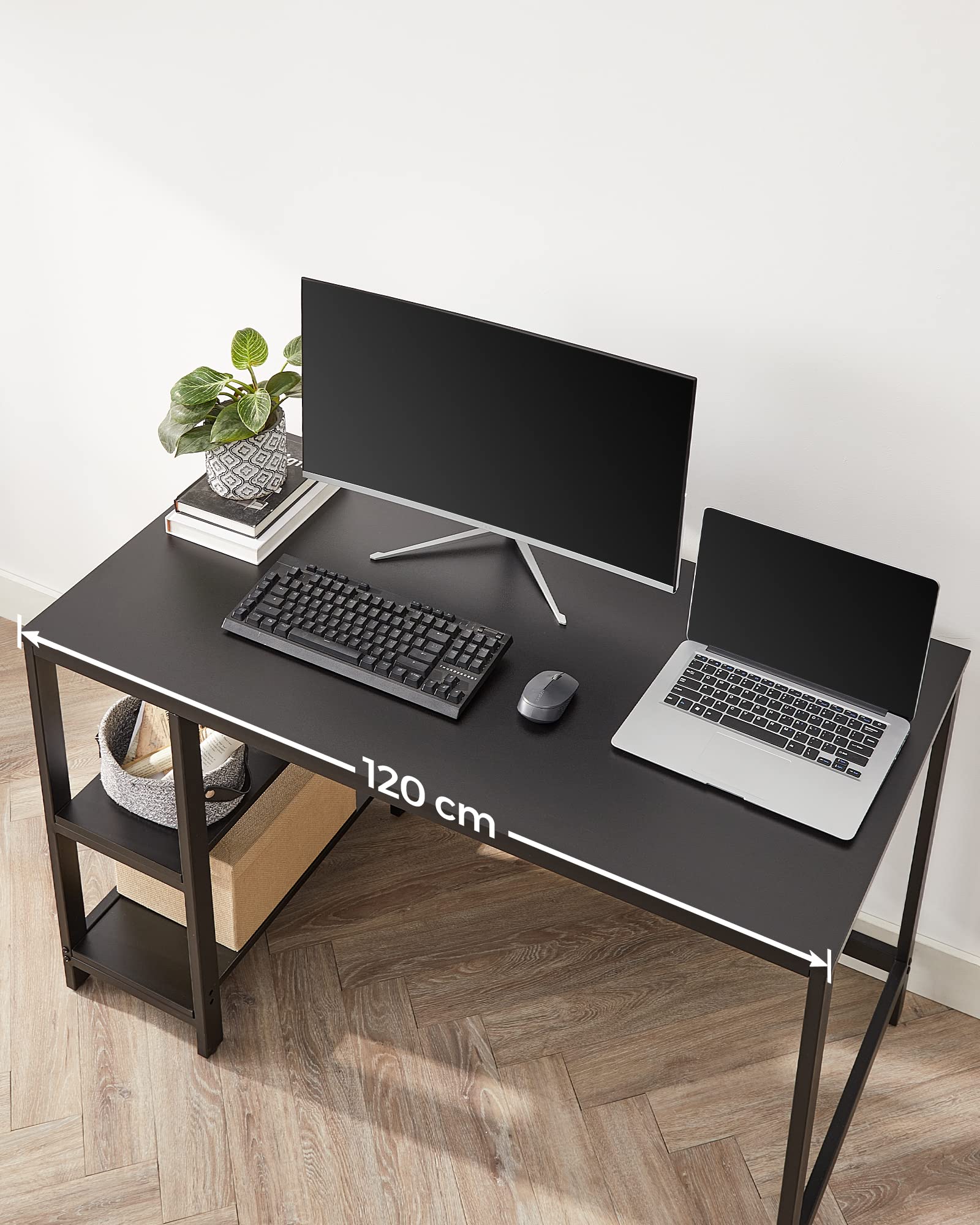 VASAGLE Schreibtisch, Computertisch, PC-Tisch, Bürotisch, mit 2 Ablagen auf der rechten oder linken Seite, fürs Büro, Wohnzimmer, Stahlgestell, Industrie-Design, schwarz LWD047B16