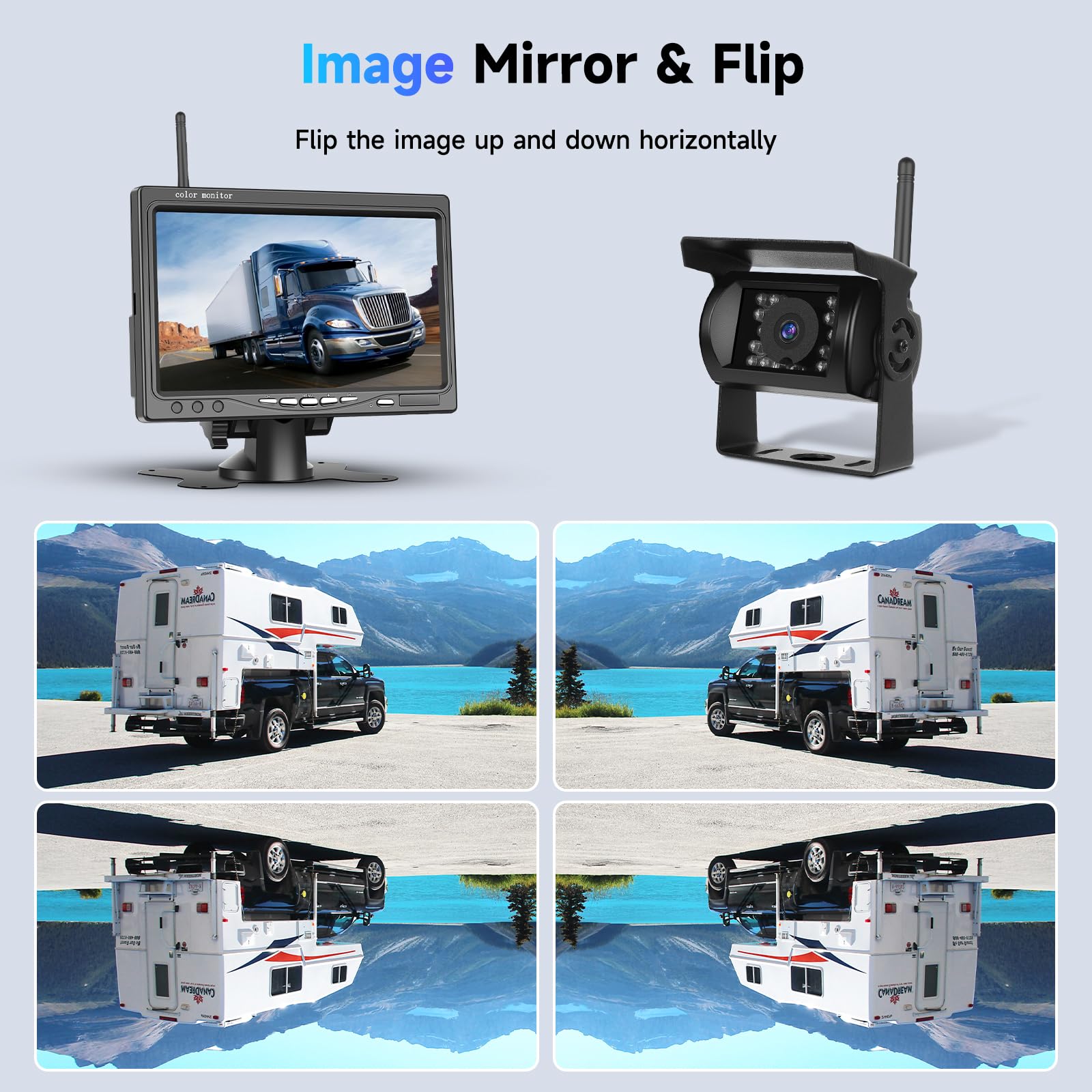 1080P HD Kabelloses Rückfahrkamera-Set, 7-Zoll-LCD-Monitor mit 2 Rückfahrkameras für Anhänger, Wohnmobil, LKW, Auto, Bus, DIY-Führungslinien, IP68 wasserdicht, Nachtsicht, BSD, 12 V-36 V