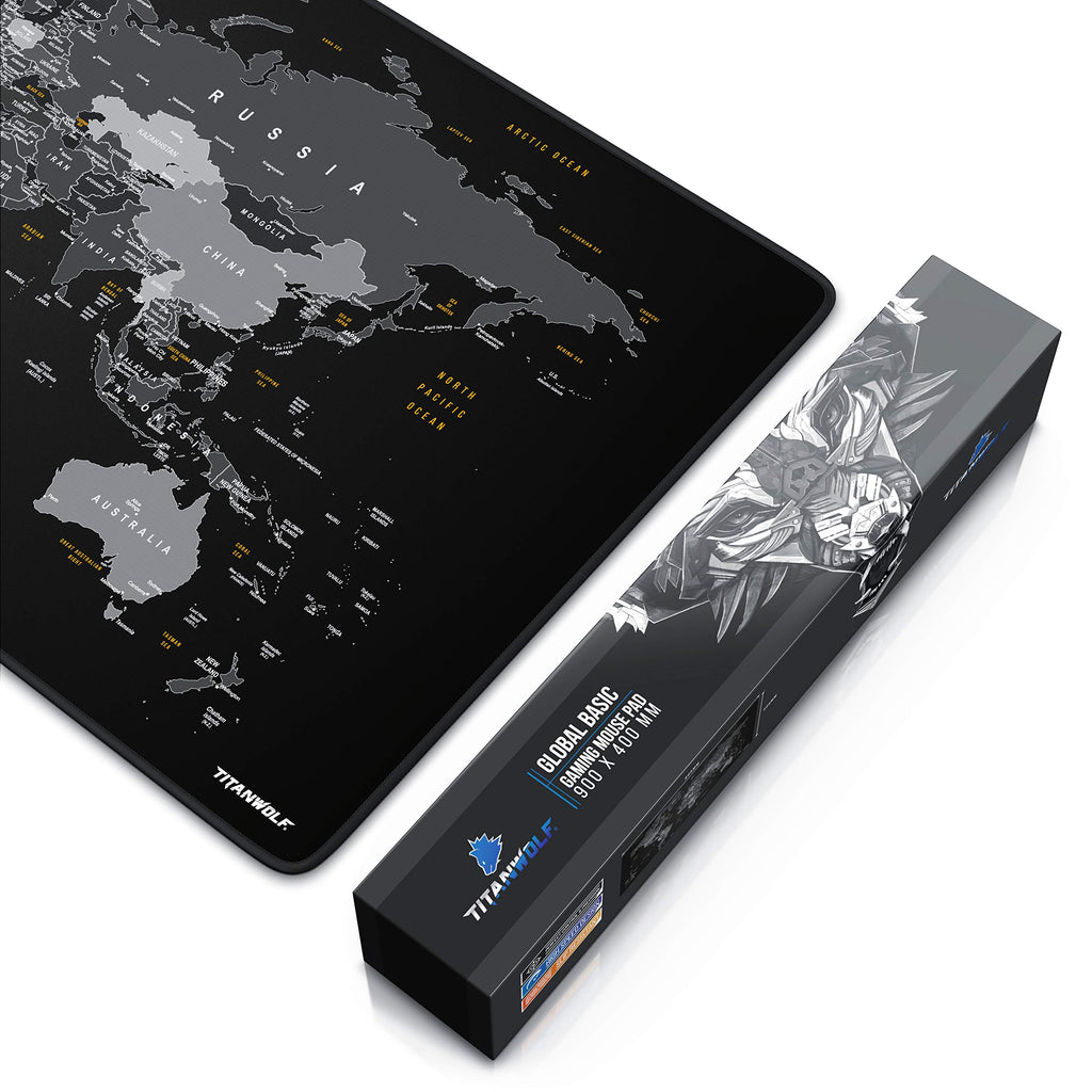 TITANWOLF - XXL Mauspad Gaming Titanwolf 900x400 mm - Mousepad XXL Gaming Groß - Tischunterlage Large Size - verbessert Präzision und Geschwindigkeit - Design Weltkarte Schwarz