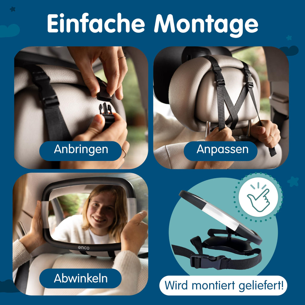 Onco LED Baby Autospiegel - 100% bruchsicher mit 2 Licht-Modi für Tag & Nacht, Rutschfester Baby Rückspiegel Auto mit 360° Schwenkung