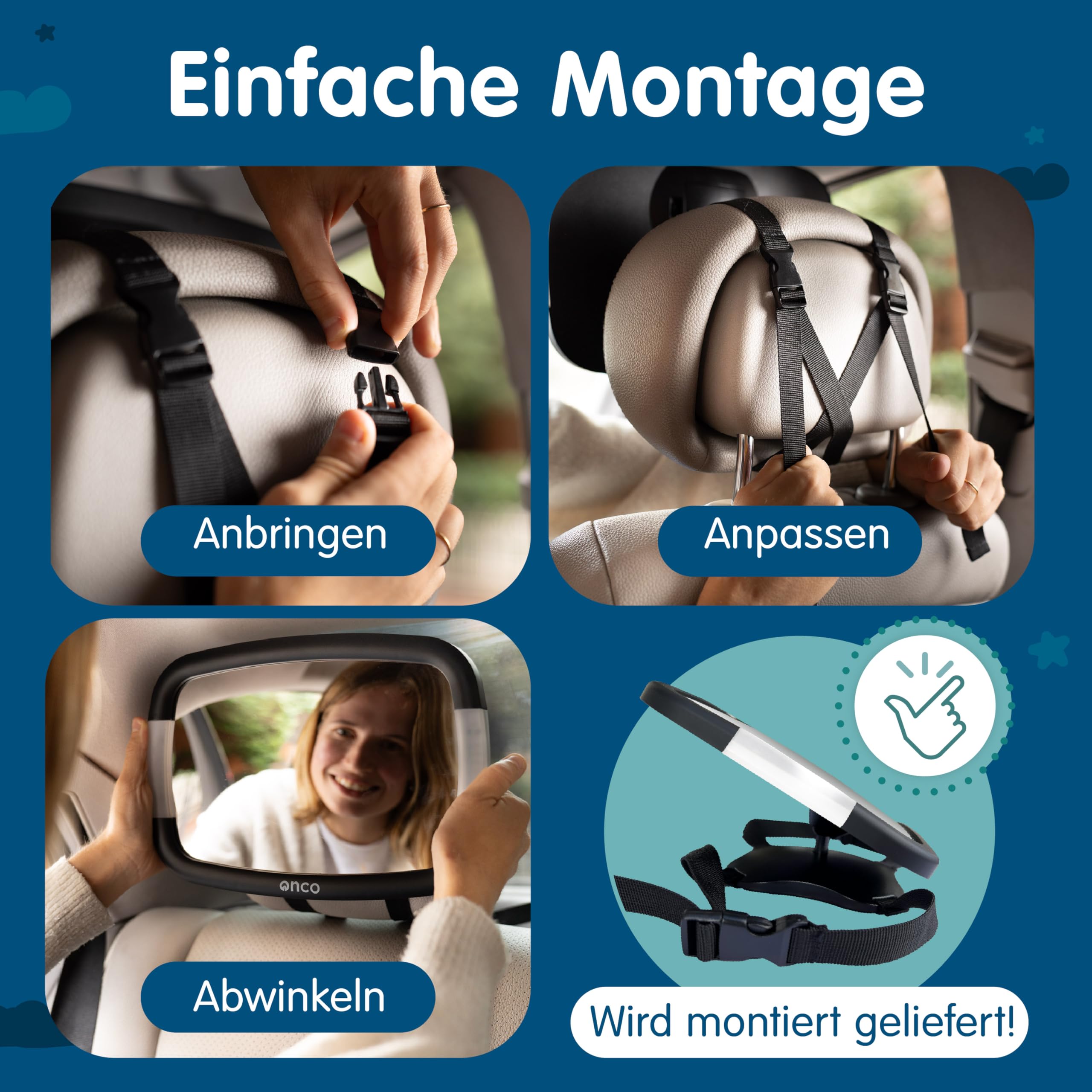 Onco LED Baby Autospiegel - 100% bruchsicher mit 2 Licht-Modi für Tag & Nacht, Rutschfester Baby Rückspiegel Auto mit 360° Schwenkung