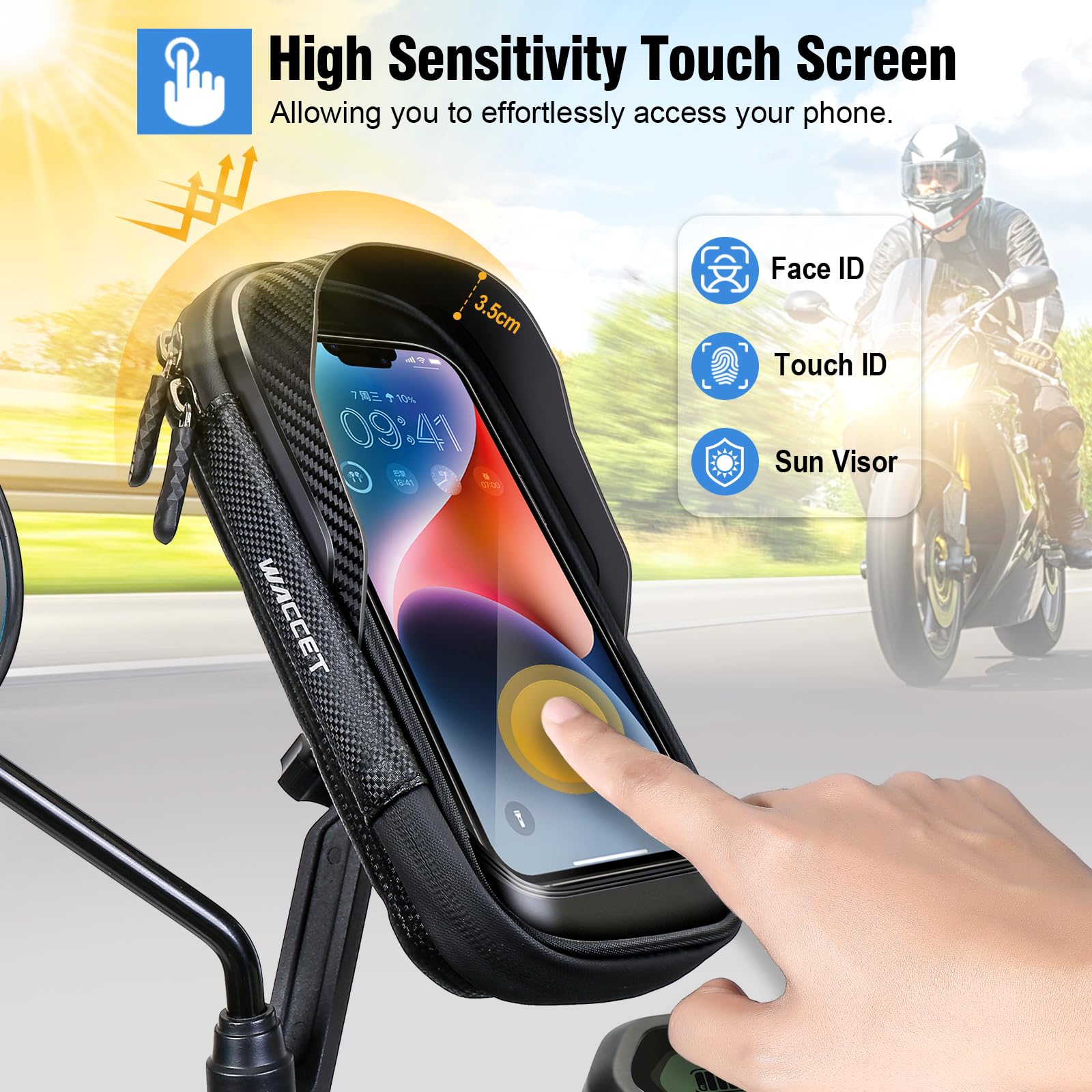 WACCET Handyhalterung Motorrad Wasserdicht, Motor Halterung 360° Drehbarer Handyhalter für Motorrad Spiegel mit Sonnenblende Touch ID Roller Handyhalterung für Smartphone is zu 7,2" (Schwarz)