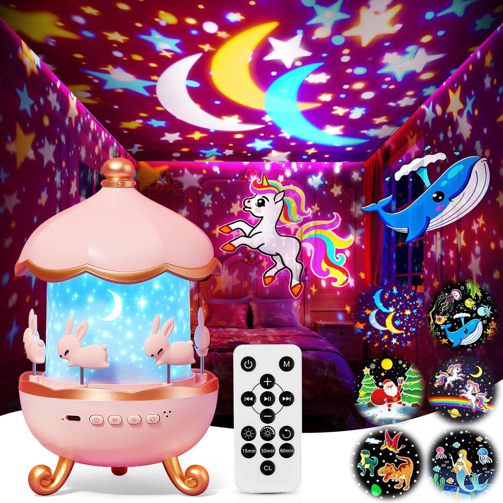 One Fire Sternenhimmel Projektor Kinder – mit 15 Filmen & 15 Musikstücken, 360° drehbar, Einhorn Spielzeug für Mädchen 3-14 Jahre, Nachtlicht gegen Weinen, Lern-Projektor mit Timer & 1200mAh Akku