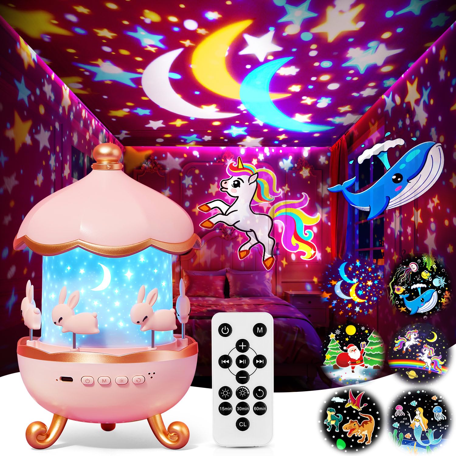 One Fire Sternenhimmel Projektor Kinder – mit 15 Filmen & 15 Musikstücken, 360° drehbar, Einhorn Spielzeug für Mädchen 3-14 Jahre, Nachtlicht gegen Weinen, Lern-Projektor mit Timer & 1200mAh Akku