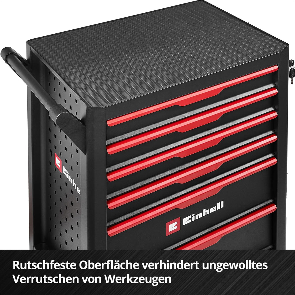Original Einhell Werkstattwagen leer (6 Schubladen, Interlock-System, kugelgelagerte Führungsschienen, belastbar bis 135 kg, mobil mit Feststellrollen)