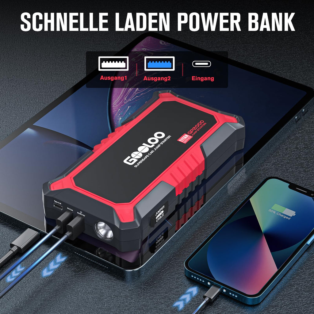 GOOLOO GP2000 Starthilfe Powerbank für Pkw, 2000A Supersafe Auto Starthilfe Powerbank für 12V (Bis zu 8.0L Benzin & 6.0L Diesel), Booster Autobatterie mit USB-Schnellladung, Starthilfekabel und LED