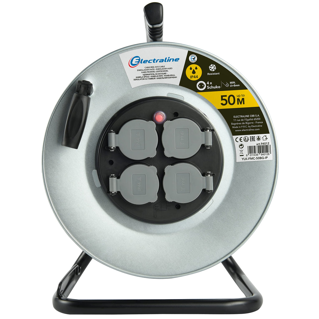 Electraline 94012 Professionelle Metallbaurolle 4 IP44-Buchsen Ohne Kabelführung und ergonomischem Griff, geeignet für Arbeitshandschuhe.