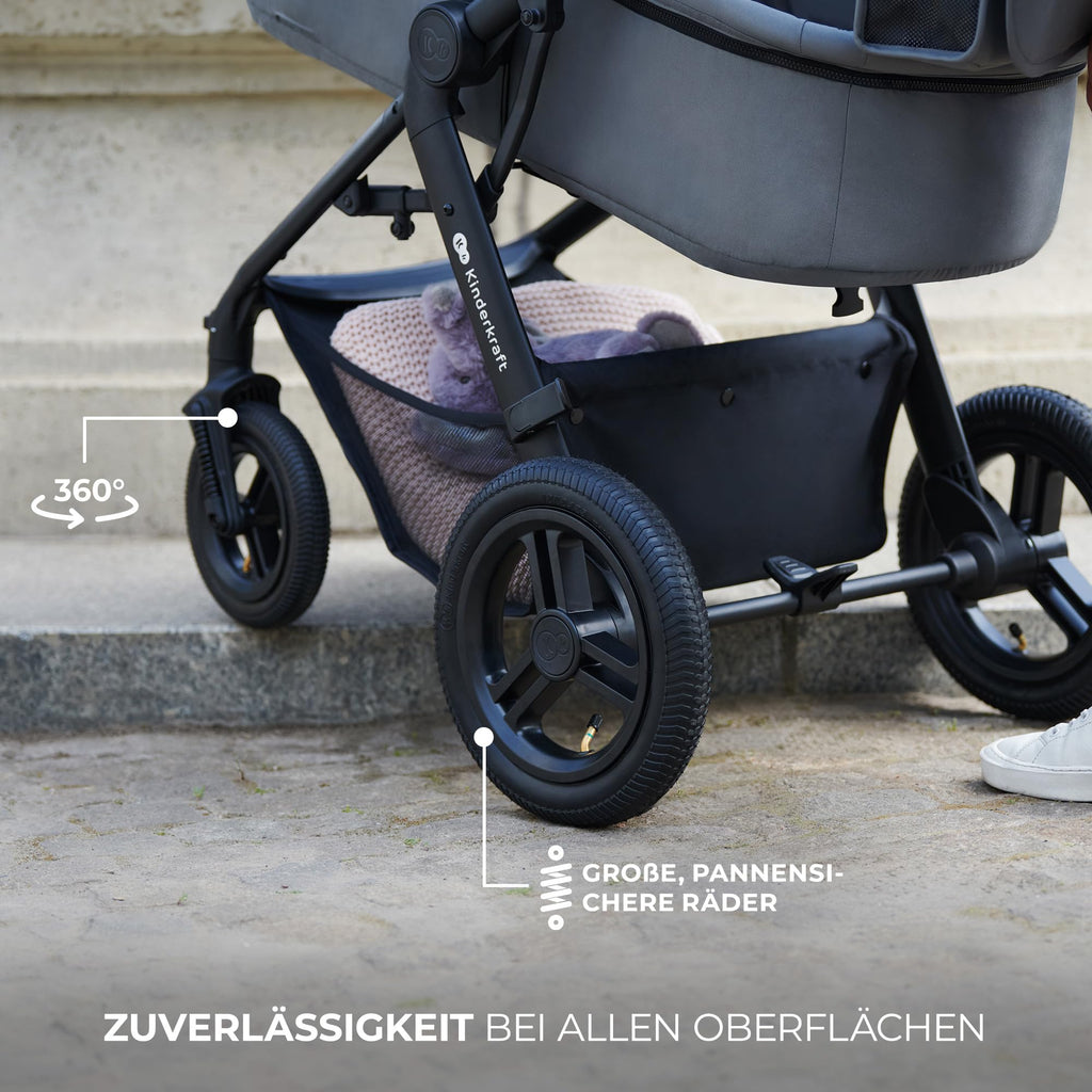 Kinderkraft MOOV2 AIR Kinderwagen 3 in 1 Kinderwagenset bis 22 kg mit Kindersitz I-SIZE 40-75 cm, Buggy Funktion, Liegeposition verstellbar, Große ausziehbare Verdeck, Aufblasbare Räder, Schwarz