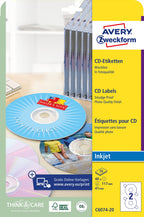 AVERY Zweckform C6074-20 selbstklebende CD-Etiketten (40 blickdichte CD-Aufkleber, Ø 117 mm auf A4, ClassicSize, Papier hochglänzend, bedruckbare Klebeetiketten für alle Inkjet-Drucker) 20 Blatt, weiß