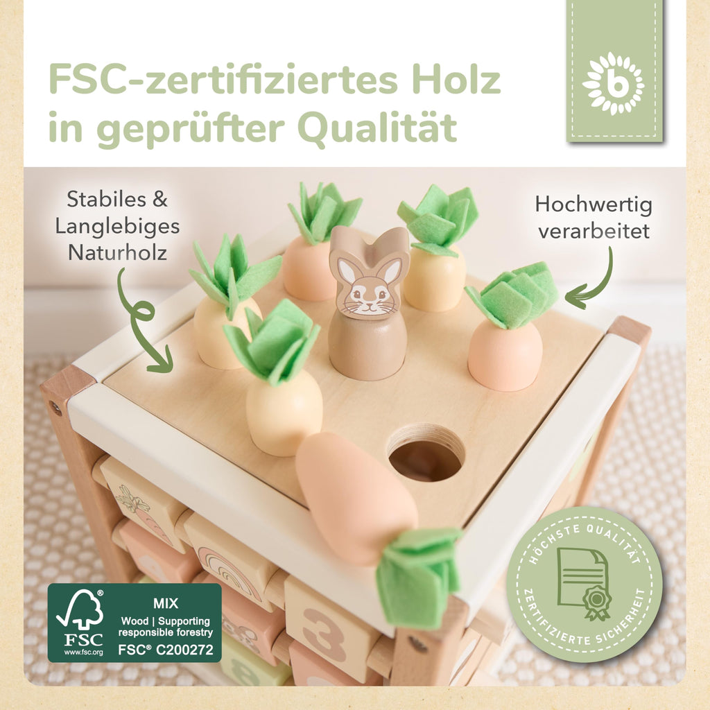 Bieco Motorikwürfel Hase Fine XXL nachhaltiges Holz FSC® | Spielwürfel Baby | Motorikwürfel ab 1 Jahr Activity Würfel Activity Center Montessori
