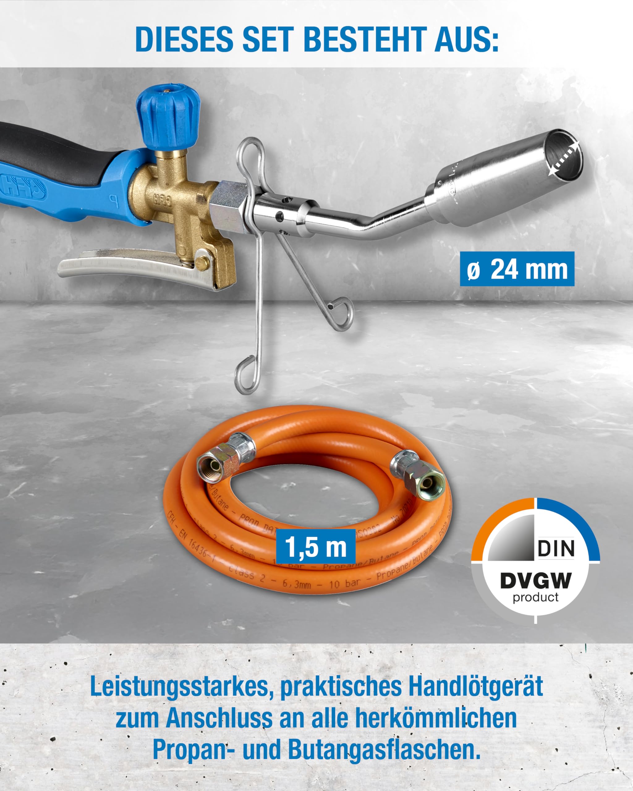 CFH Turbo Handlötgerät GT 2000 - Lötbrenner, Leistungsstarkes Lötgerät zum Hart- und Weichlöten, Gas Lötkolben mit Gasschlauch 1,5 m 3/8“, Arbeitstemperatur von ca. 800 °C