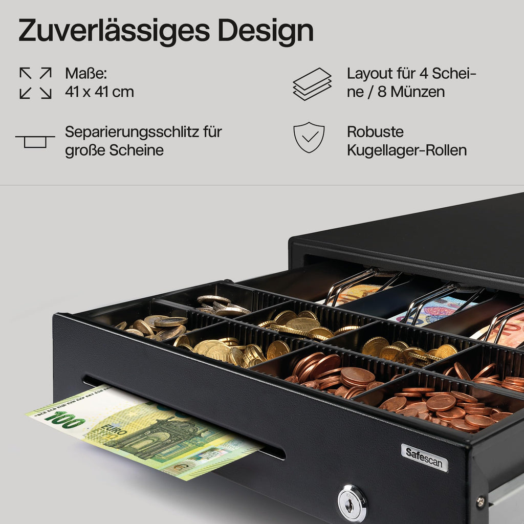 Safescan SD-4141 Standard-Duty Kassenschublade mit 4 Fächern für Banknoten und 8 für Münzen - Kassenlade mit RJ-12 Anschluss (z.B. Registrierkasse) - Solide Kassenschublade von 41,5 x 41,5 x 11,5 cm