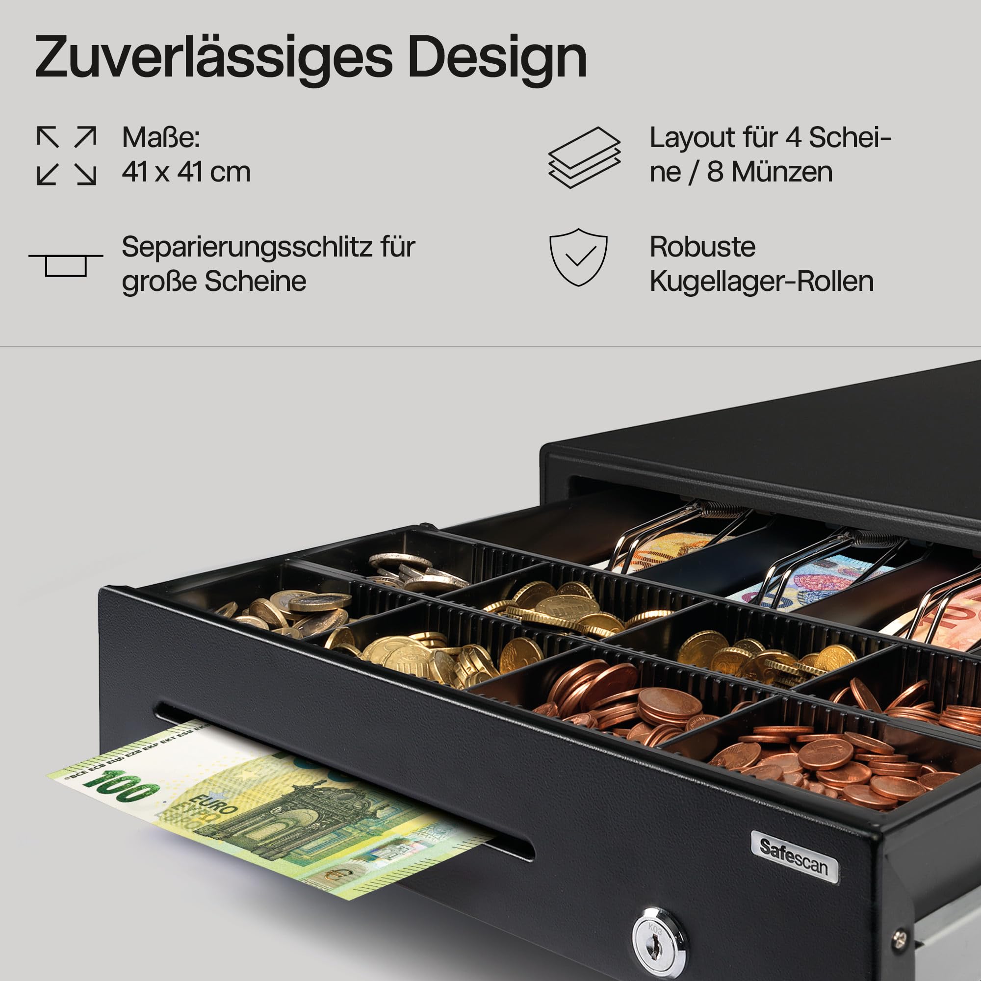 Safescan SD-4141 Standard-Duty Kassenschublade mit 4 Fächern für Banknoten und 8 für Münzen - Kassenlade mit RJ-12 Anschluss (z.B. Registrierkasse) - Solide Kassenschublade von 41,5 x 41,5 x 11,5 cm