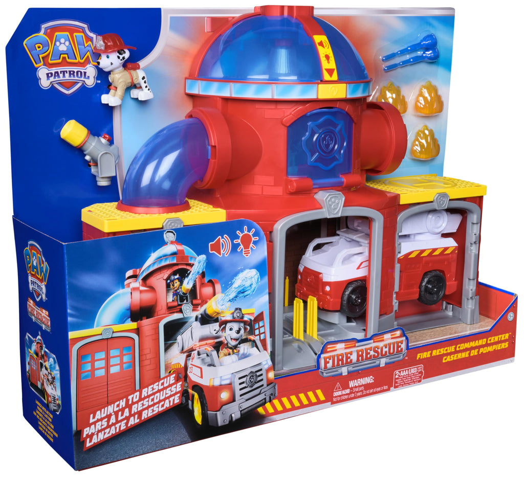 PAW PATROL – Fire Rescue Feuerwehr-Station mit Licht- und Soundeffekten, Wasserkanone, Rutschstange und Startrampe, ca. 38 cm, inkl. Marshall-Figur und Feuerwehrauto, für Kinder ab 3 Jahren