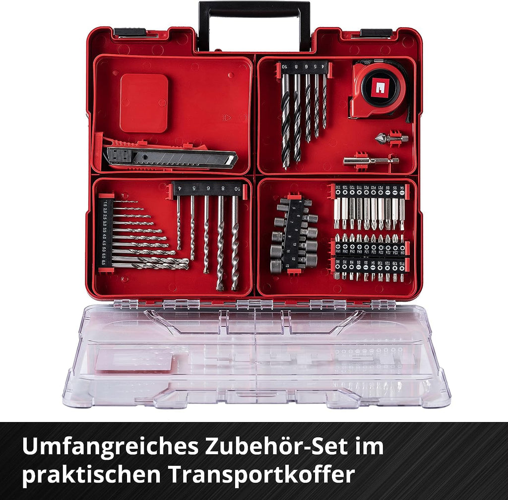 Einhell Akku Schlagbohrschrauber-Set TE-CD 18/40 Li-i plus 64 Power X-Change (Li-Ion, Drehzahl-Elektronik, 2-Gang-Getriebe, Max. 24.000 Min-1, Ladegerät und Zubehör), Schwarz, Rot, 18 V, 40 Nm