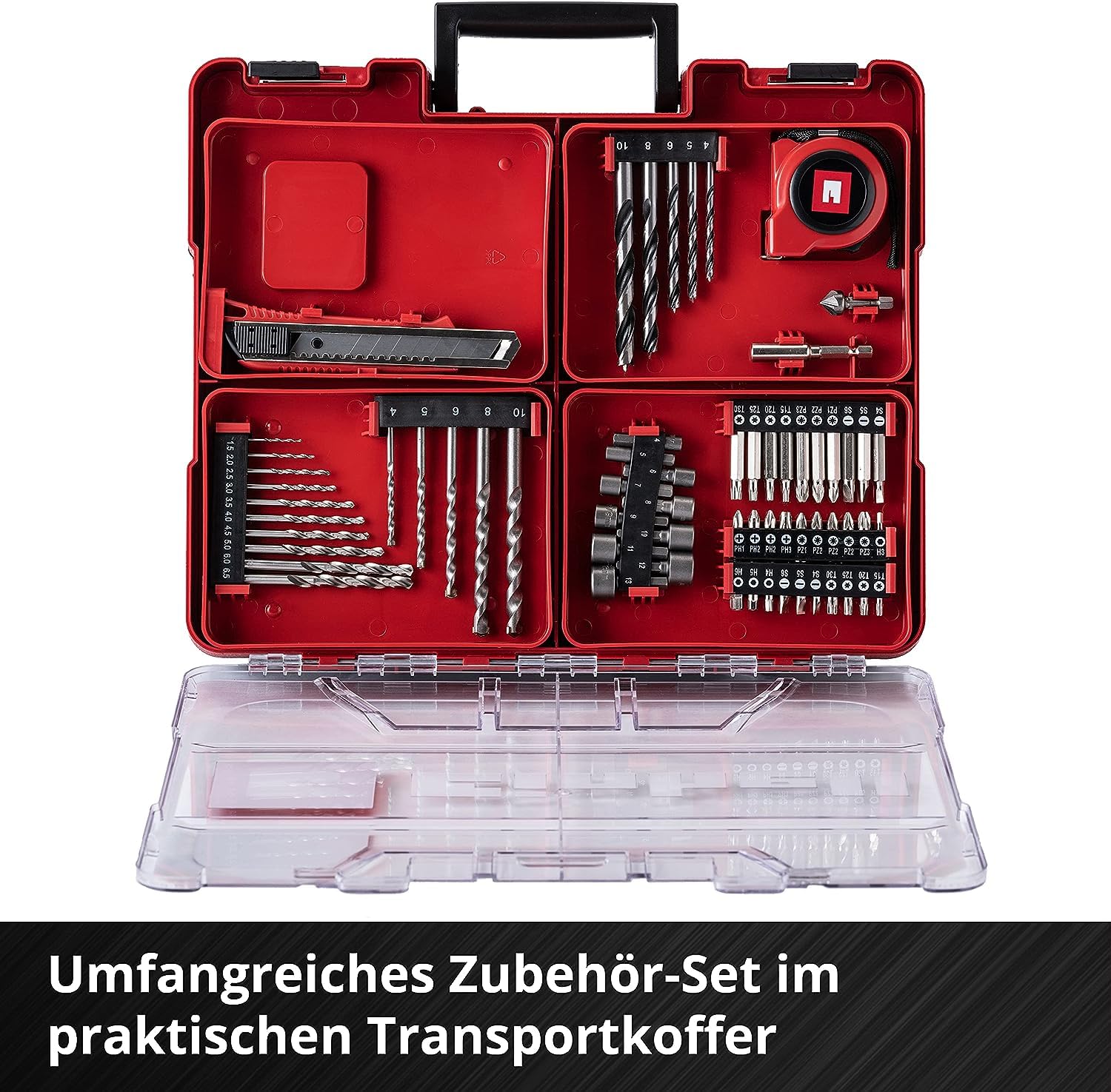 Einhell Akku Schlagbohrschrauber-Set TE-CD 18/40 Li-i plus 64 Power X-Change (Li-Ion, Drehzahl-Elektronik, 2-Gang-Getriebe, Max. 24.000 Min-1, Ladegerät und Zubehör), Schwarz, Rot, 18 V, 40 Nm