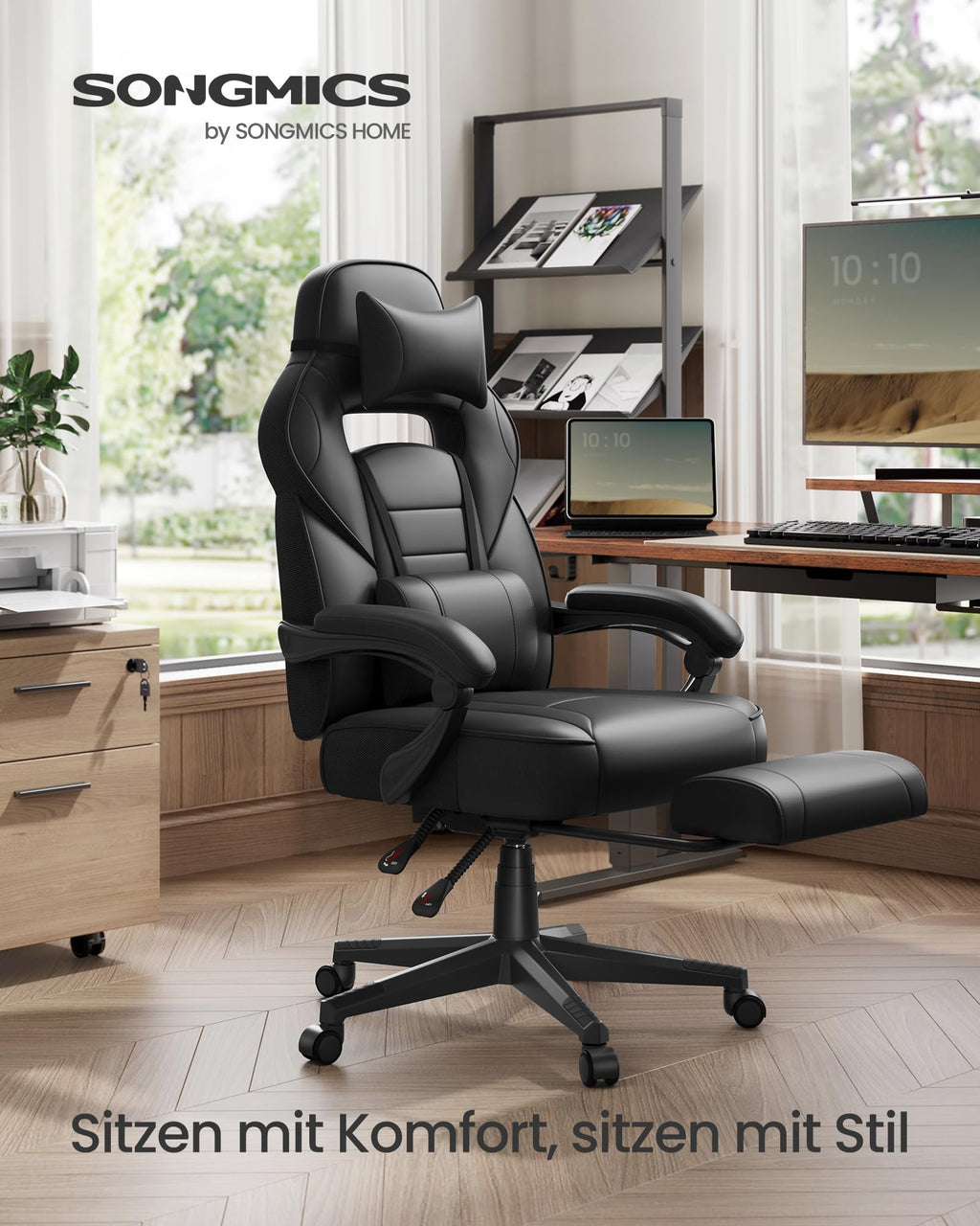 SONGMICS Gaming-Stuhl, Bürostuhl mit Fußstütze, Schreibtischstuhl mit Kopfstütze und Lendenkissen, höhenverstellbar, ergonomisch, bis 150 kg belastbar, tintenschwarz OBG073B05