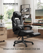 SONGMICS Gaming-Stuhl, Bürostuhl mit Fußstütze, Schreibtischstuhl mit Kopfstütze und Lendenkissen, höhenverstellbar, ergonomisch, bis 150 kg belastbar, tintenschwarz OBG073B05