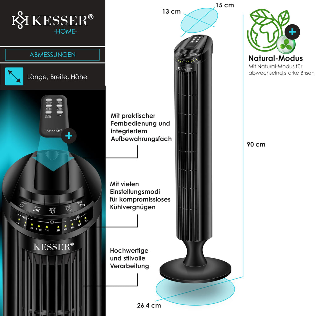 KESSER® Turmventilator mit Fernbedienung | 90° Oszillationswinkel | 3 Stufen | 90 cm |+ Timerfunktion | Turbo-Funktion | Säulenventilator Standventilator Luftkühler Ventilator Towerventilator