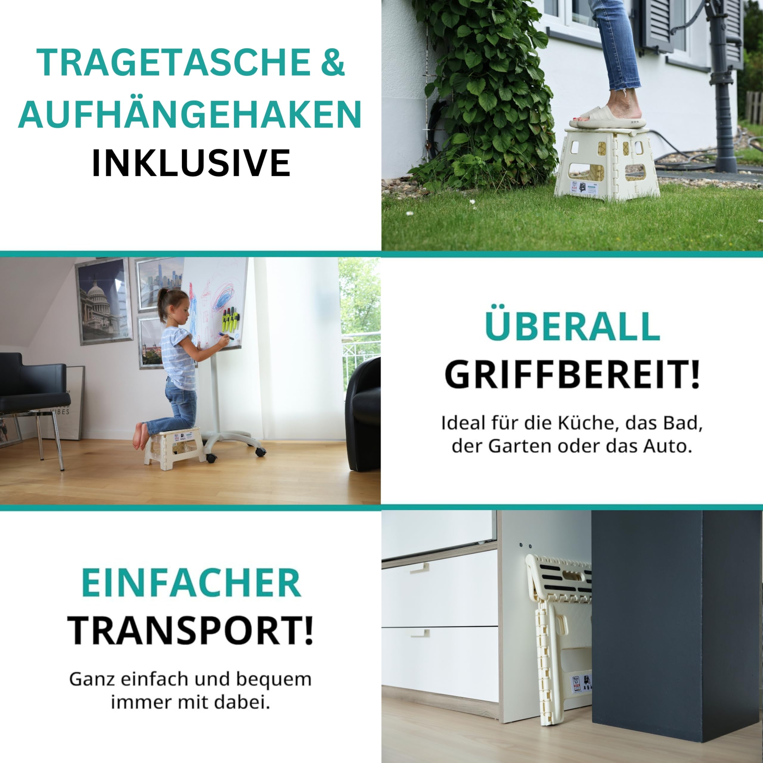 VERGLEICHSSIEGER - Alason® Tritthocker Klappbar 39 cm, Belastbar bis 200 kg – Mit Aufhängehaken & Aufbewahrungstasche – Platzsparender, Faltbarer Hocker in Weiß/Beige für Zuhause, Küche, Bad & Garage